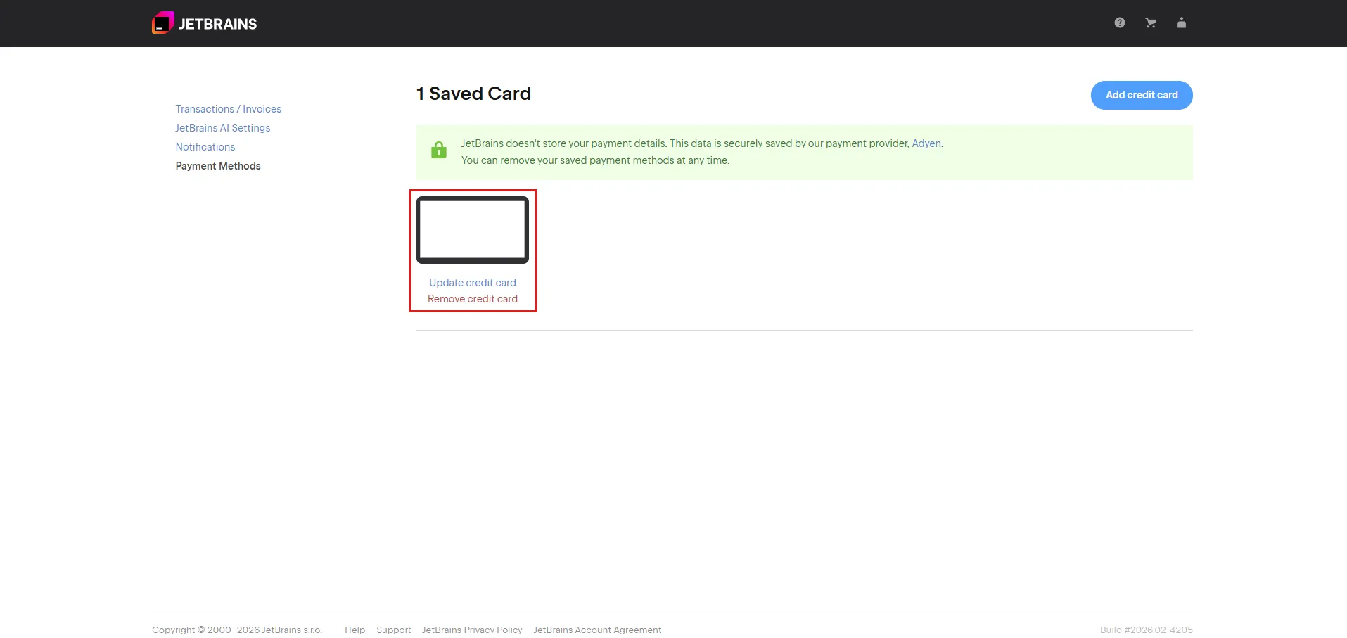 JetBrainsアカウントのPayment Methodsページに登録したクレジットカードの情報が表示されている画面キャプチャ