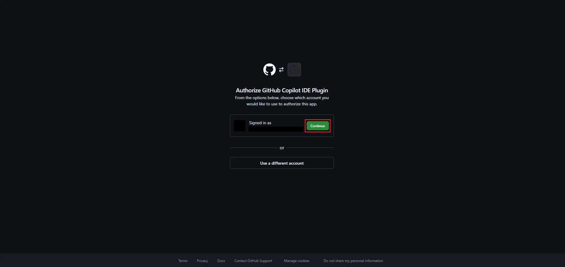 GitHubアカウントへのサインイン画面が表示されるため、認証に使用する任意のアカウントの「Continue（続ける）」ボタンを押す操作の画面キャプチャ