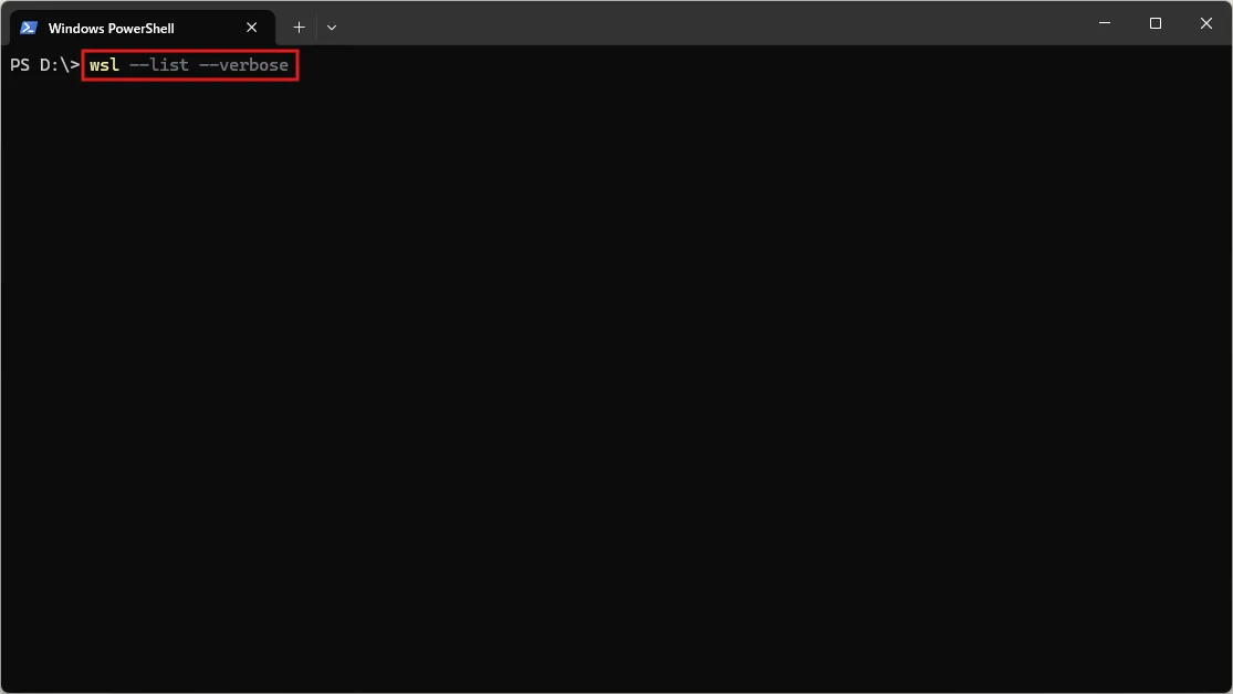 ターミナルが表示されるため、WSL2の状態やバージョンを確認するコマンドを入力し、Enterキーを押す（コマンド実行前）操作の画面キャプチャ
