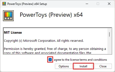 Microsoft PowerToysインストーラー実行中の画面キャプチャ（トップ画面）