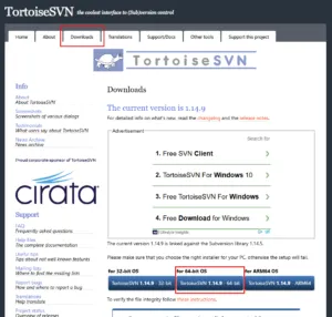 TortoiseSVN公式サイトのDownloadsページの画面キャプチャ