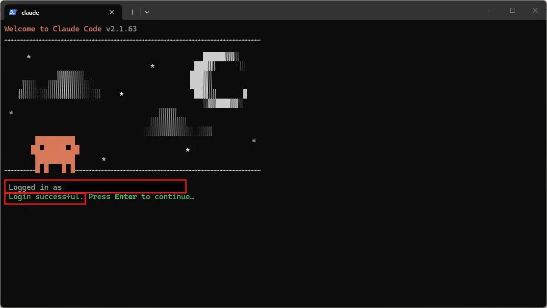 Claude Code CLIの画面に接続したClaudeアカウントとログイン成功のメッセージが表示されるため、「Enter」キーを押す操作の画面キャプチャ