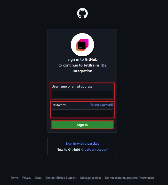 「GitHubログイン」画面が表示されるため、ログイン情報を入力し、「Sign in」ボタンを押す操作の画面キャプチャ