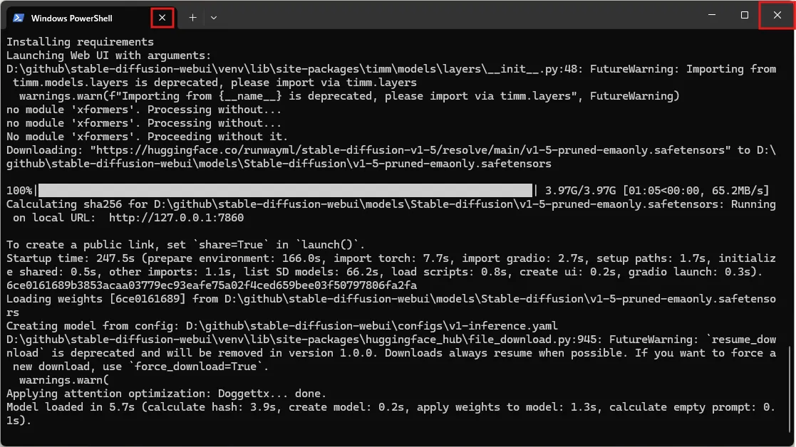 タブの「×」ボタンかウィンドウの「×」ボタンを押し、ターミナルを閉じる操作の画面キャプチャ