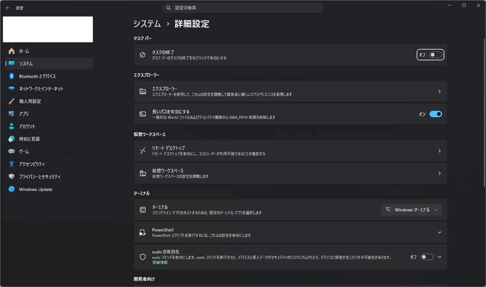 設定ウィンドウが表示されるため、開発者セクションの「開発者モード」の状態を確認する操作の画面キャプチャ1