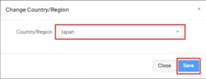 「Change Country/Region」ポップアップ画面が表示されるため、「Country/Region」プルダウンを「Japan」に設定し、「Save」ボタンを押す操作の画面キャプチャ