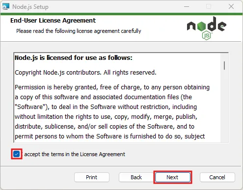 「End-User License Agreement（エンドユーザー使用許諾契約書）」画面が表示されるため、ライセンス内容を確認し、「accept the terms in the License Agreemtn（利用規約に同意する）」チェックボックスにチェックを入れ、「Next」ボタンを押す操作の画面キャプチャ