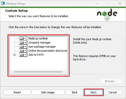「Custom Setup（カスタム設定）」画面が表示されるため、インストール対象を確認後、「Next」ボタンを押す操作の画面キャプチャ