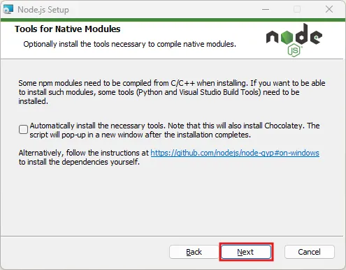 「Tools for Native Modules（ネイティブモジュール用ツール）」画面が表示されるため、「Next」ボタンを押す操作の画面キャプチャ