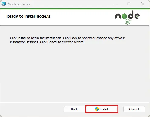 「Ready to install Node.js（Node.jsインストール準備完了）」画面が表示されるため、「Install」ボタンを押す操作の画面キャプチャ