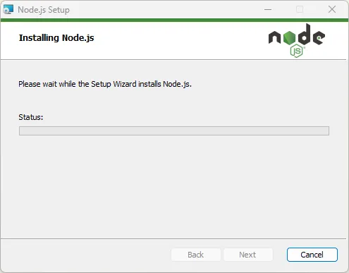 「Installing Node.js（Node.jsインストール中）」画面が表示されるため、インストール完了を待つ操作の画面キャプチャ