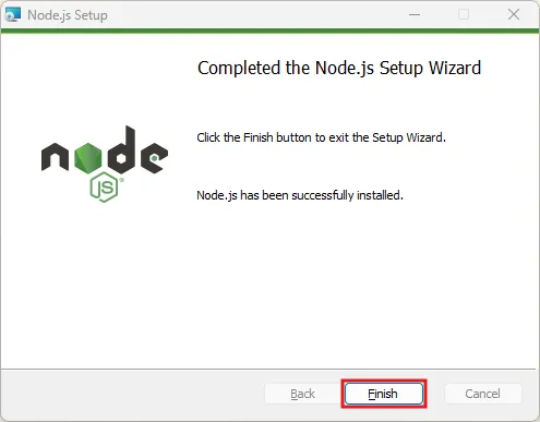 「Completed the Node.js Setup Wizard（Node.js セットアップウィザード完了）」画面が表示されるため、「Finish」ボタンを押す操作の画面キャプチャ