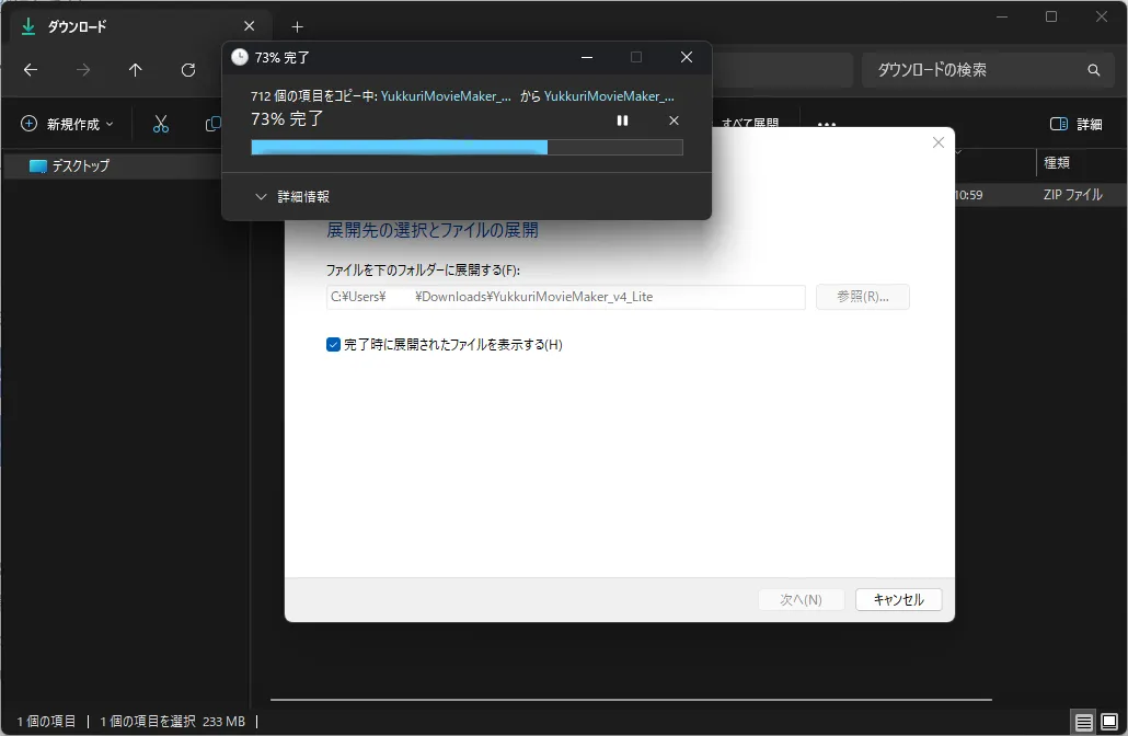 圧縮 (ZIP 形式) フォルダーの展開ダイアログが表示されるため、展開場所を設定・確認し、「展開」ボタンを押す（押した後）操作の画面キャプチャ