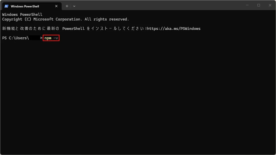 「npm」コマンドを試し打ちする操作の画面キャプチャ（コマンド例）